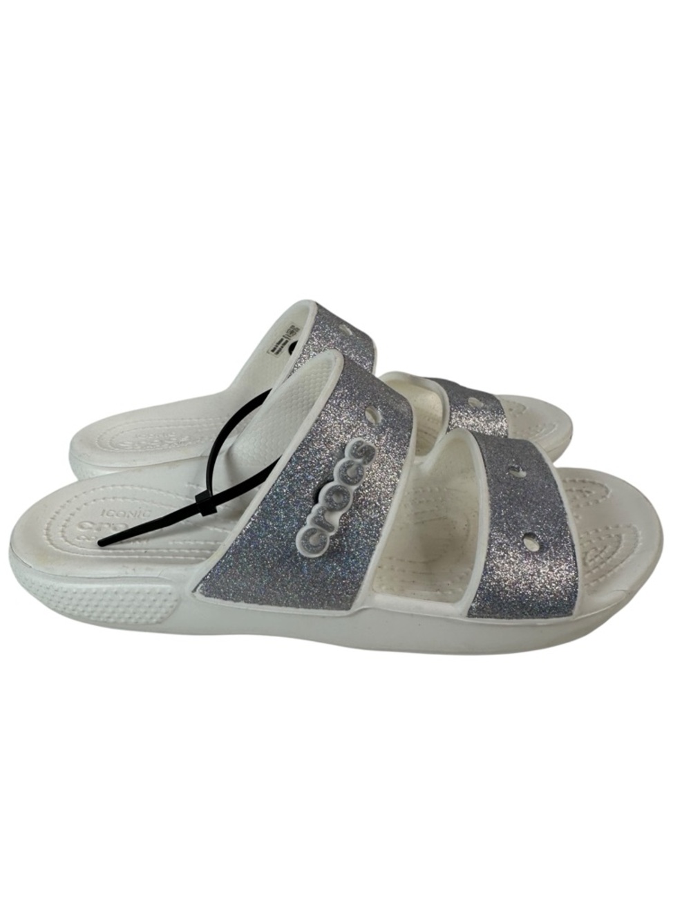 CROCS Women’s White Slide Sandal with Silver Glitter Straps